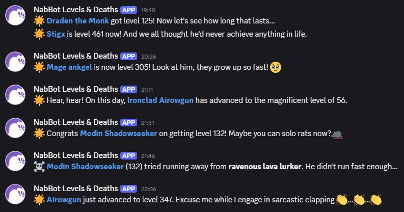 Level up and death announcement examples